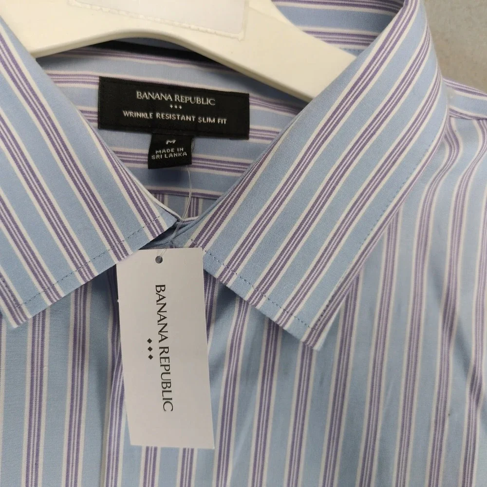 NWT Banana Republic Dress Shirt Mens M Blue Striped Slim Fit Wrinkle Resistant
